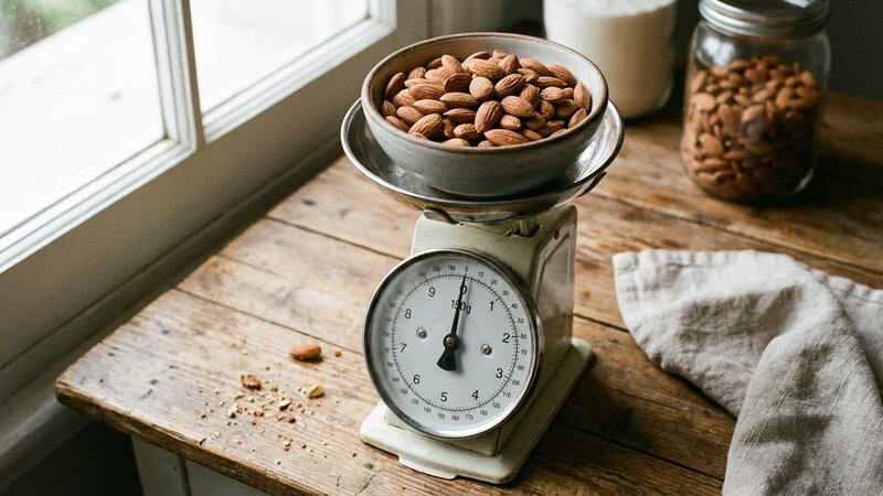 Almonds measured in a small bowl on a kitchen scale