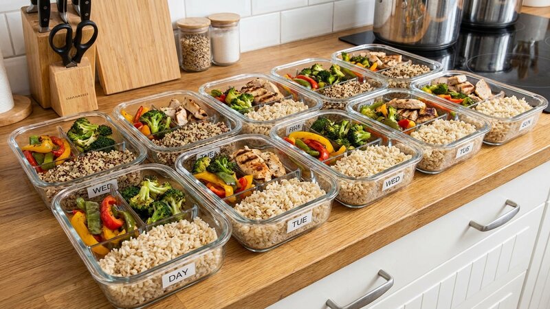 Healthy meal prep containers organized with protein, vegetables and grains