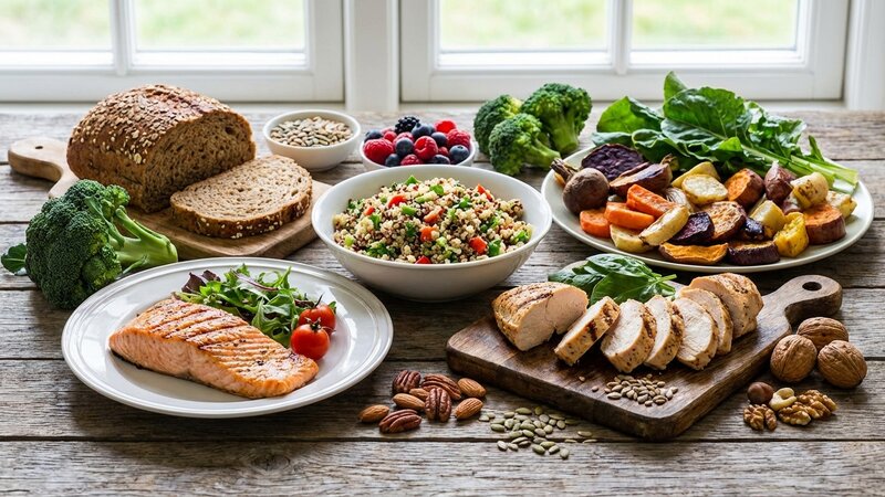 Variety of healthy foods including lean proteins, whole grains, and vegetables