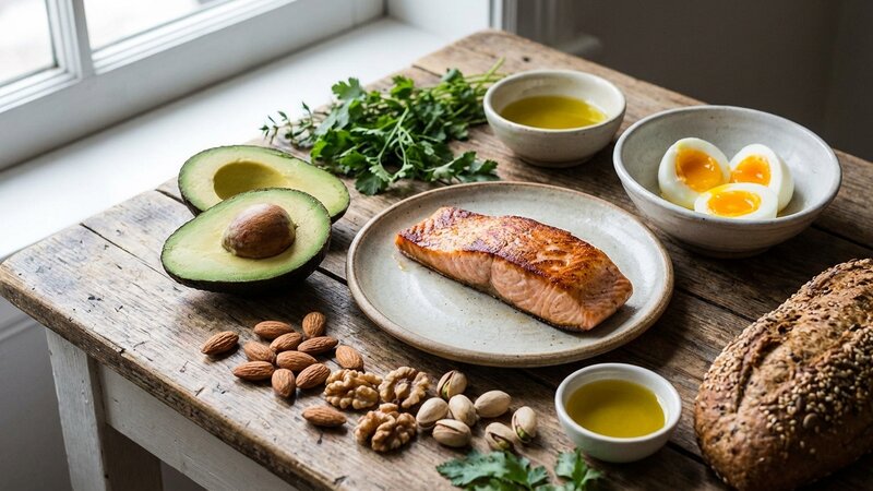 Healthy fats and proteins including avocado, salmon, eggs and nuts