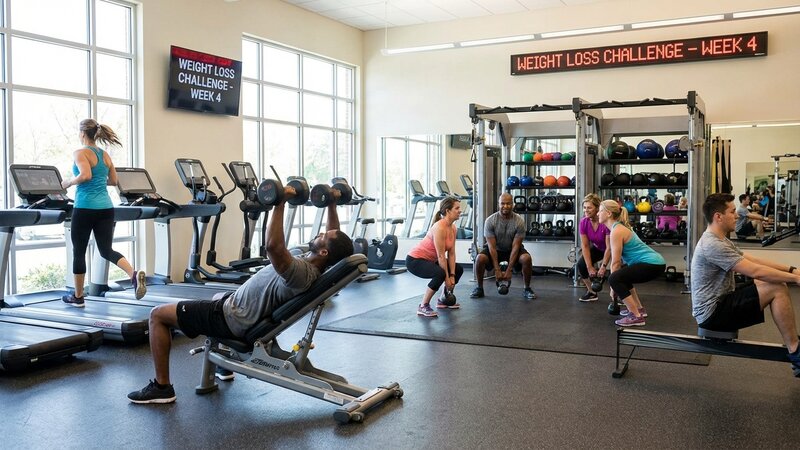 People doing various exercises at the gym for fitness and weight loss
