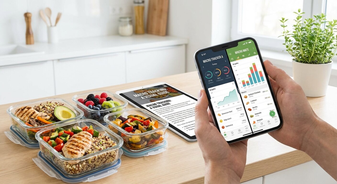 Person comparing macro tracking apps on smartphone with meal prep containers