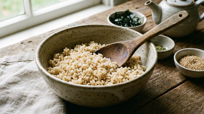Brown rice in a ceramic bowl with wooden spoon
