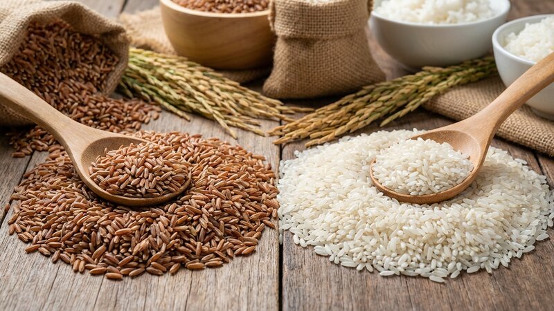 Comparison of brown and white rice side by side