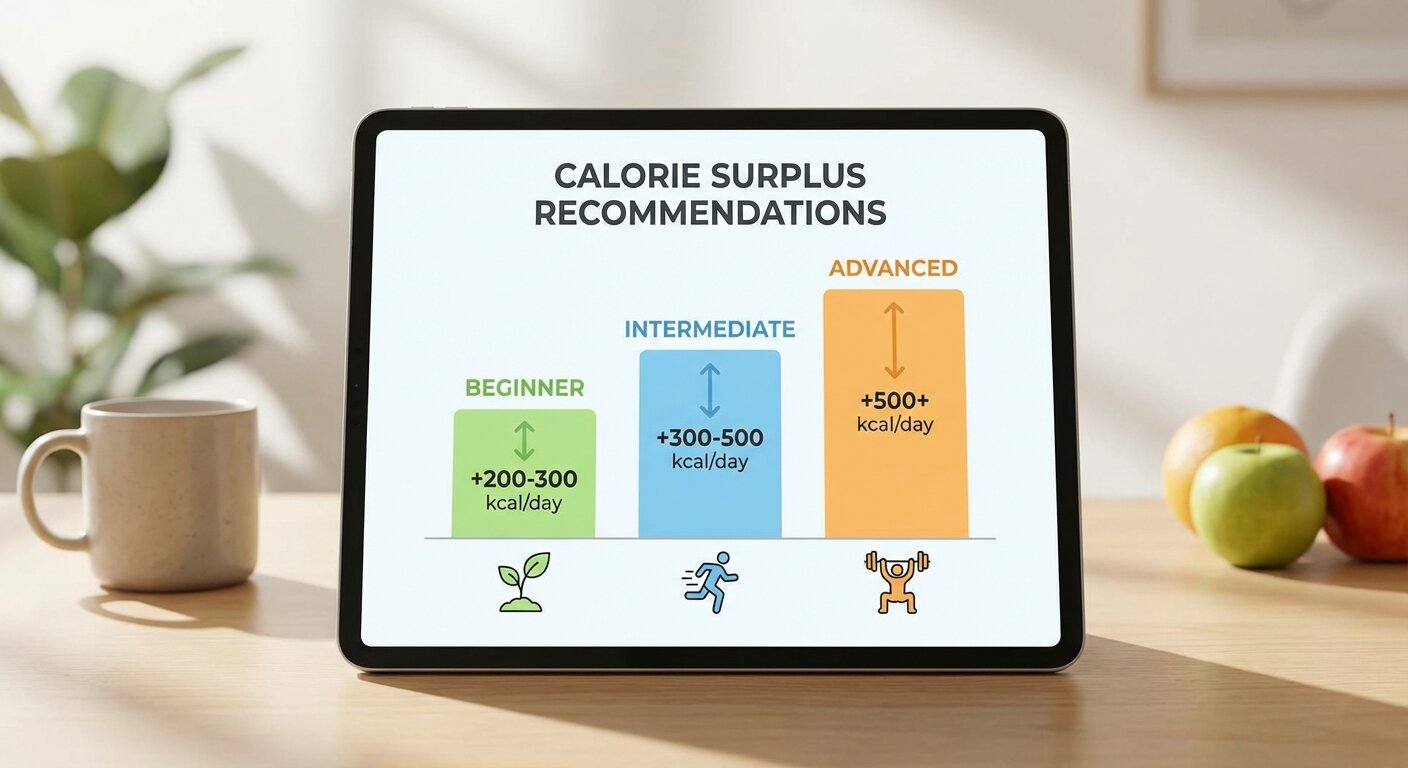 Calorie surplus chart showing beginner vs intermediate vs advanced recommendations