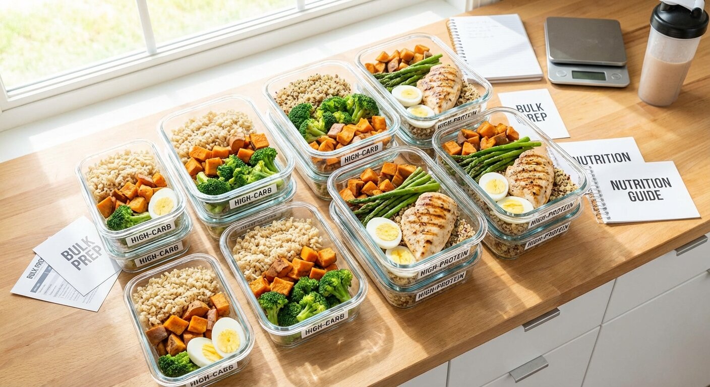 Bulking meal prep layout with high-carb, high-protein meals