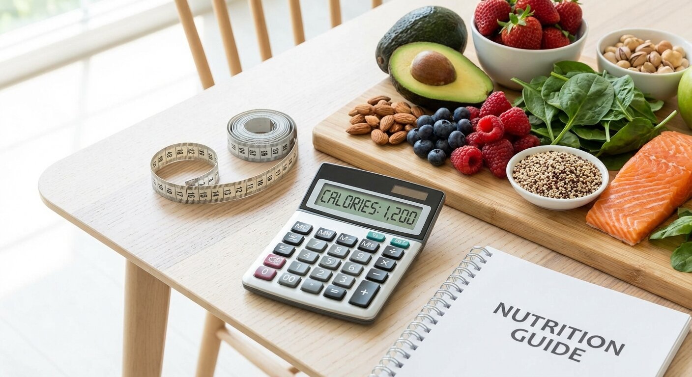 Calculator, measuring tape, and healthy food ingredients on a clean table