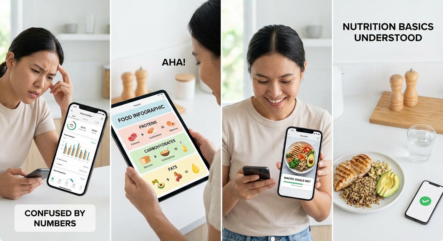 Person tracking food in app with confused expression, then smiling after understanding macro basics