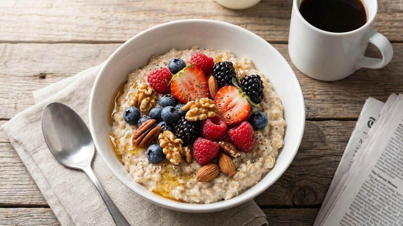 Bowl of oatmeal with fresh berries and nuts for complex carbohydrates