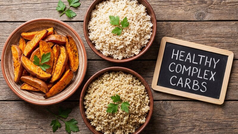 Sweet potatoes, brown rice, and quinoa as healthy complex carb sources