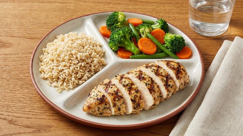 Balanced meal plate with grilled chicken, brown rice and steamed vegetables