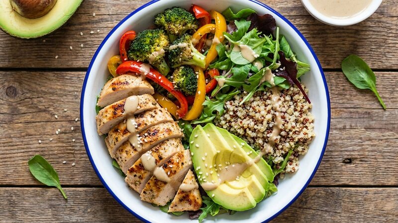 Healthy protein bowl with grilled meat, vegetables and avocado