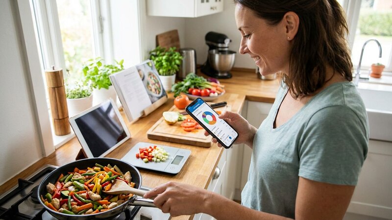 Person using phone app to track nutrition while preparing a healthy meal