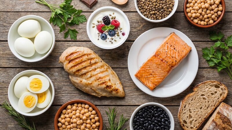Variety of protein sources including chicken, fish, eggs, Greek yogurt, and legumes