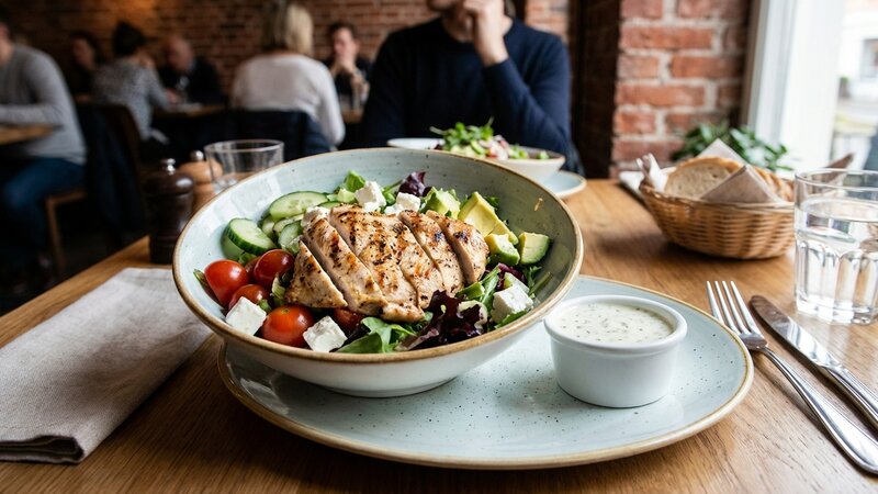 Grilled chicken salad at a restaurant with dressing on the side
