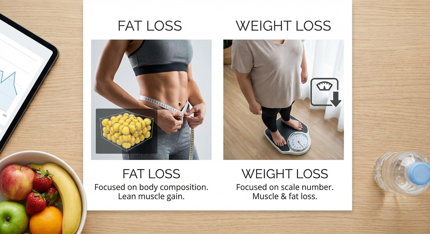 Lean physique transformation showing fat loss vs weight loss comparison