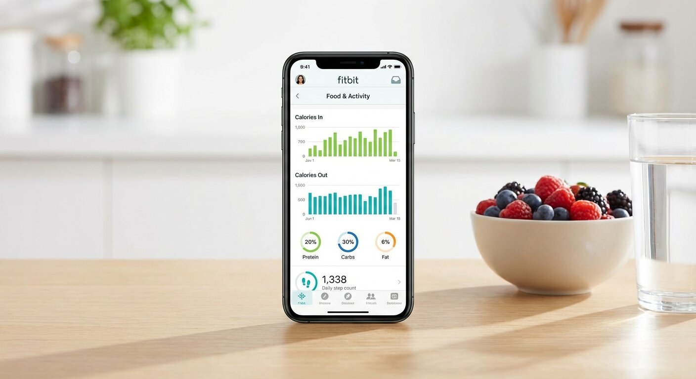 Fitbit app interface showing nutrition tracking with activity integration