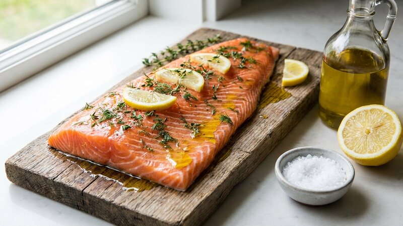 Fresh salmon fillet with olive oil, herbs and lemon for healthy omega-3 fats