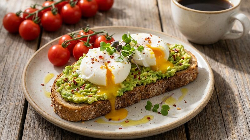 Avocado toast with eggs on whole grain bread for healthy fats and protein