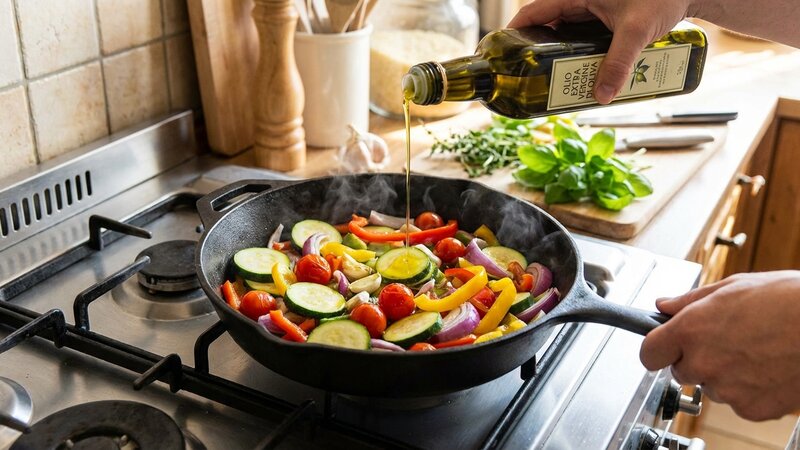 Cooking with olive oil in a pan with fresh vegetables