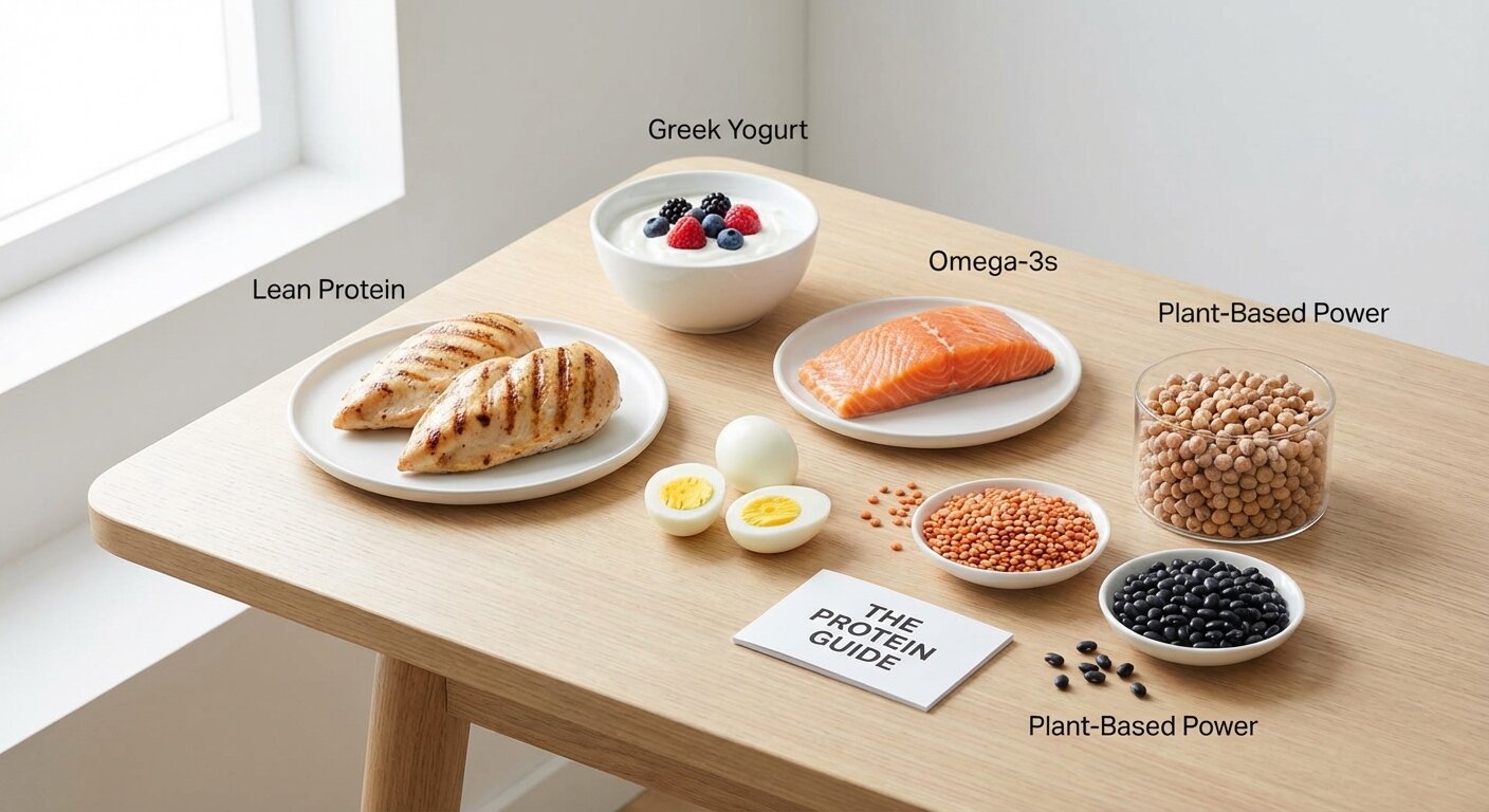 High protein foods including chicken, fish, eggs, yogurt, and legumes arranged on a table