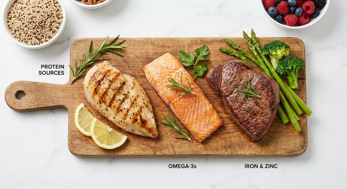 Grilled chicken breast, salmon fillet, and lean steak on a cutting board