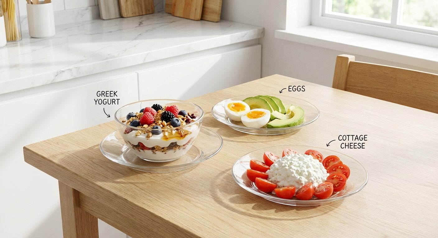 Greek yogurt parfait with eggs and cottage cheese - dairy protein sources