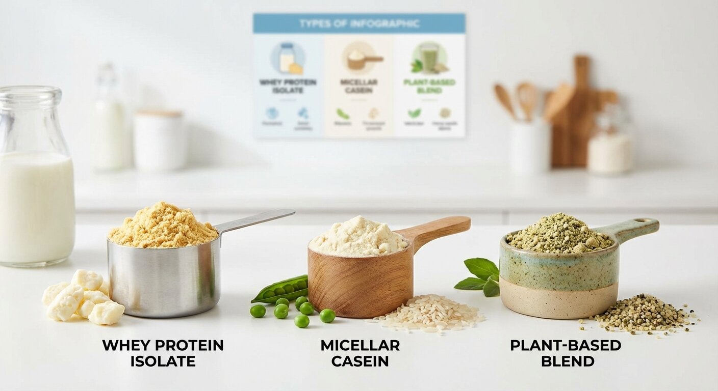 Various protein powder scoops showing whey, casein, and plant-based options