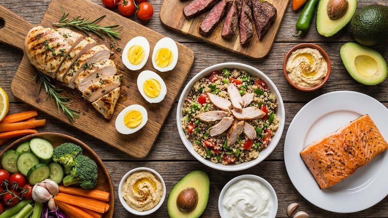 High protein meals including grilled chicken, eggs, and lean meats