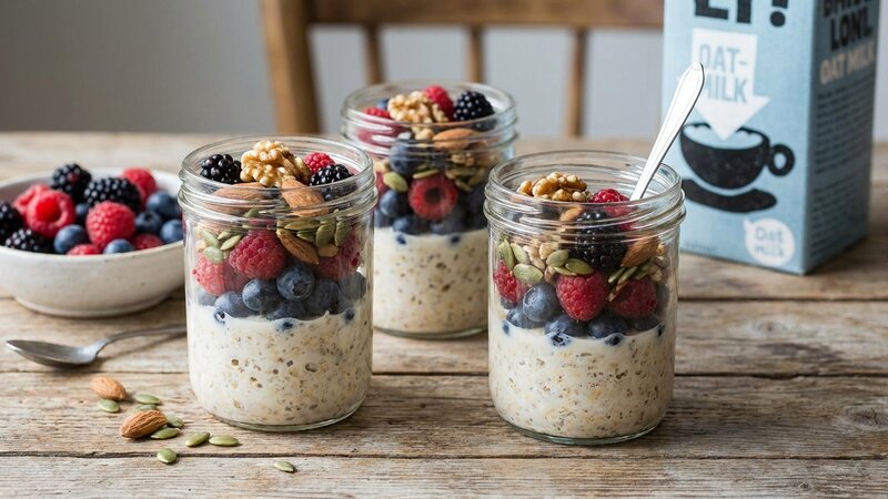 Protein-rich overnight oats with nuts and berries in glass jars