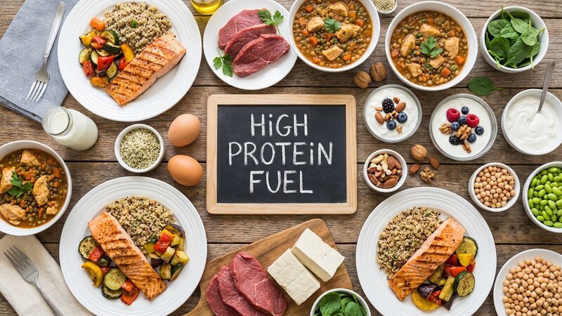 Variety of high protein healthy meals and ingredients