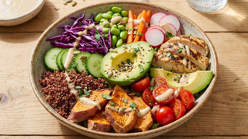 Colorful healthy Buddha bowl with grilled chicken, quinoa, and fresh vegetables