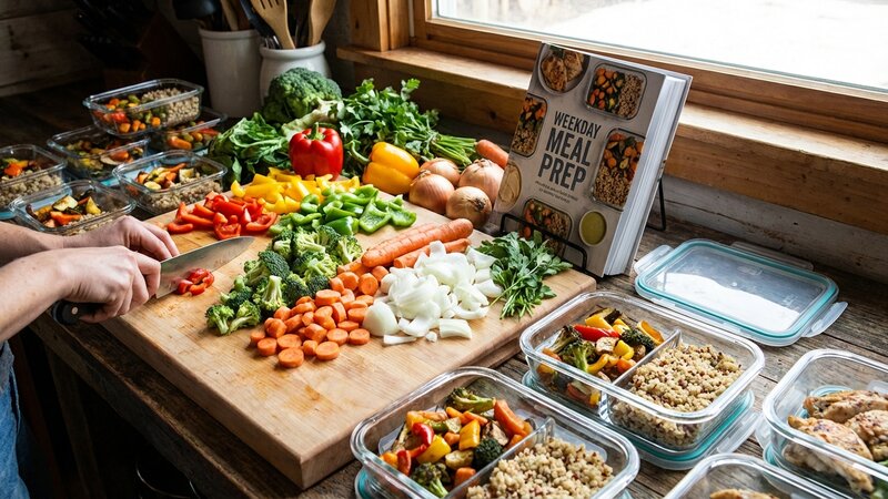 Meal prep setup with cutting board, fresh vegetables, and storage containers