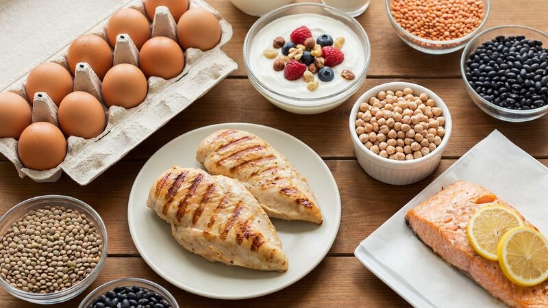 High protein foods including eggs, chicken, fish, Greek yogurt, and legumes