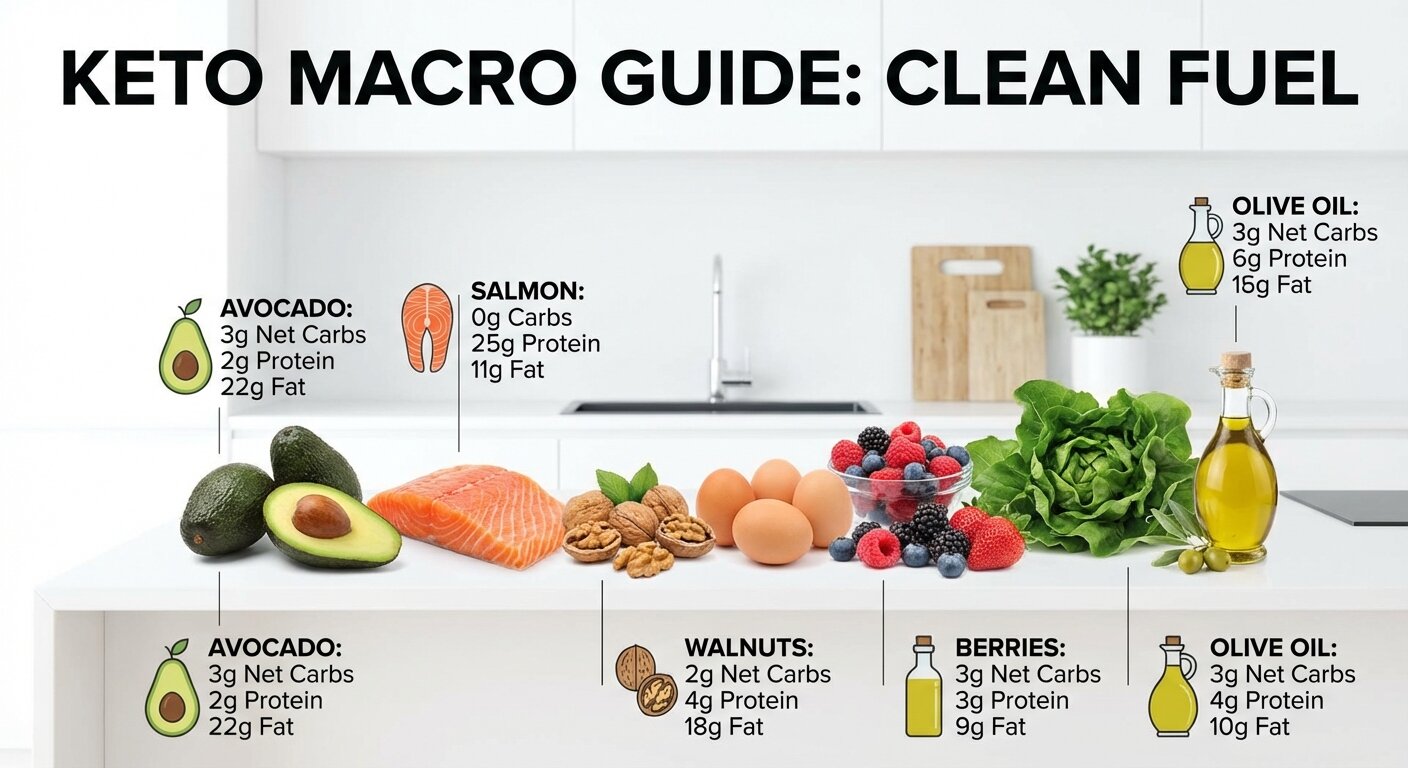 Keto-friendly high-fat foods including avocado, salmon, eggs, and nuts