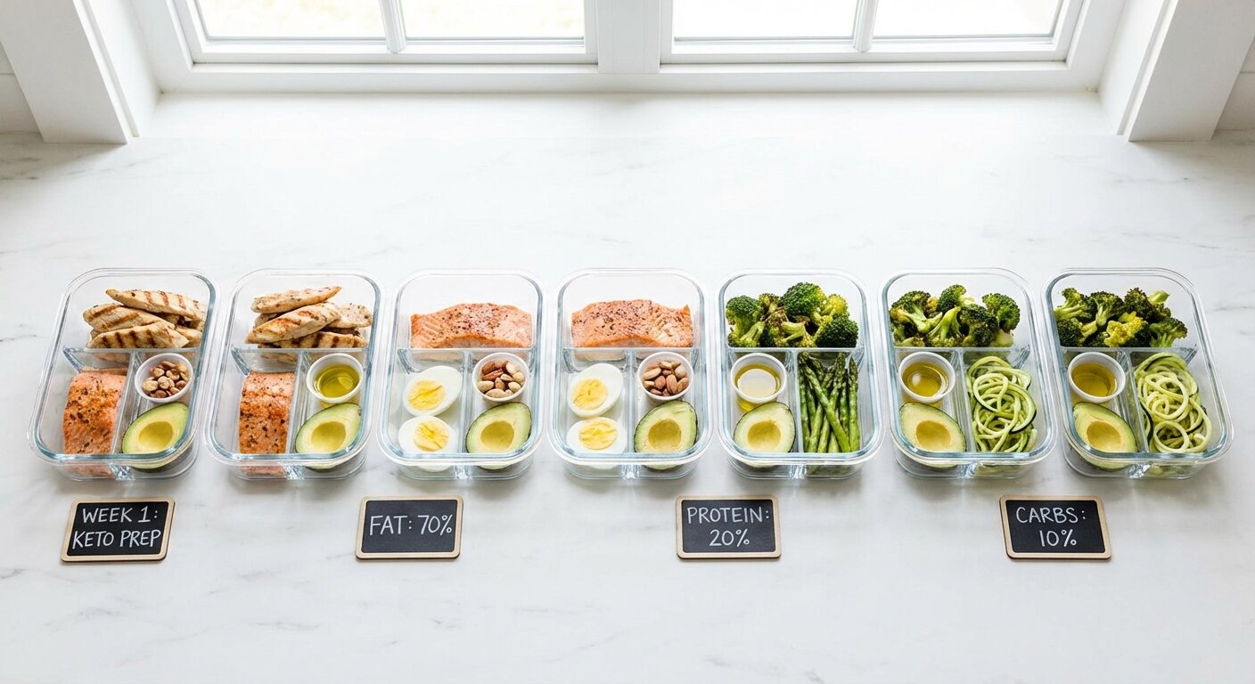 Weekly keto meal prep with measured portions of fat, protein, and low-carb vegetables