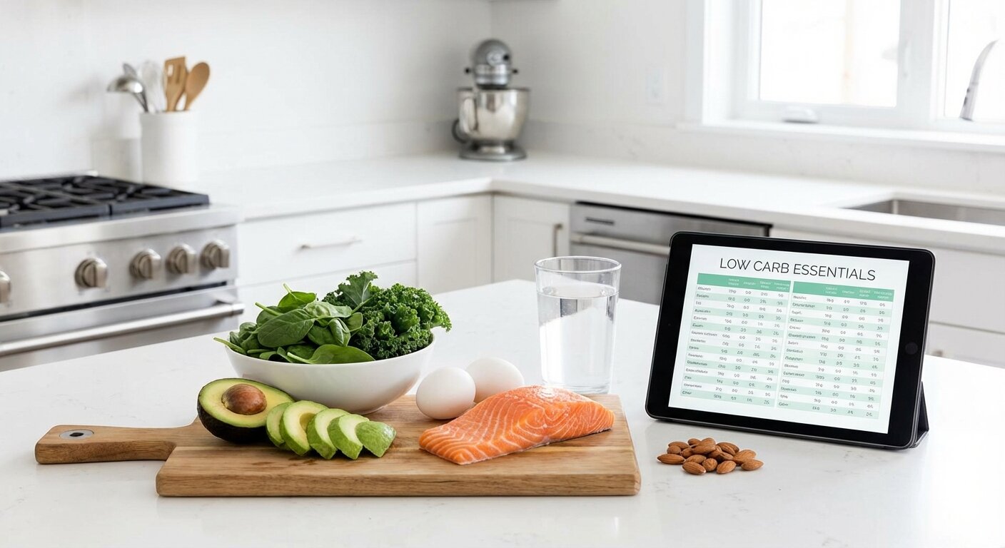 Low carb foods including avocado, eggs, leafy greens, and salmon on a kitchen counter