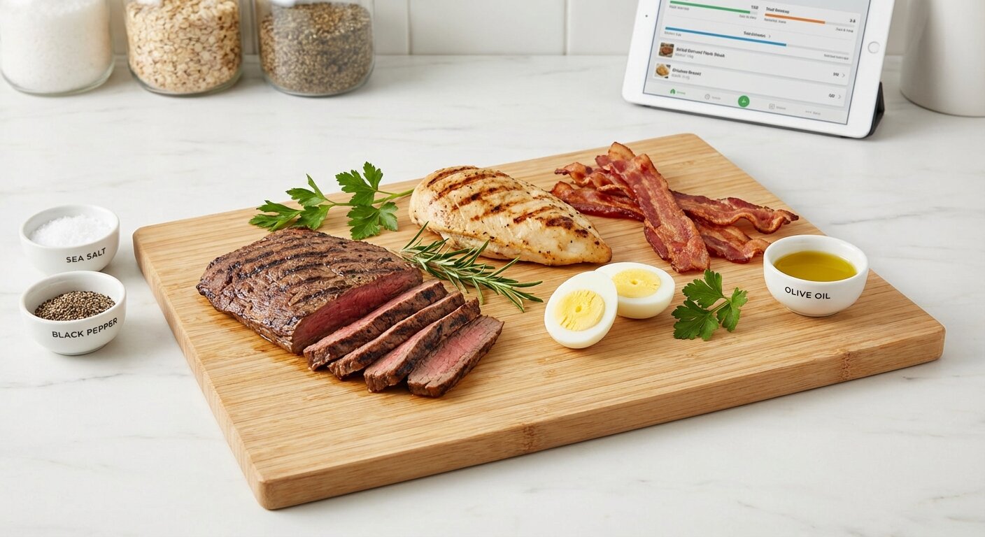 Assortment of low carb meats including steak, chicken, and bacon with eggs