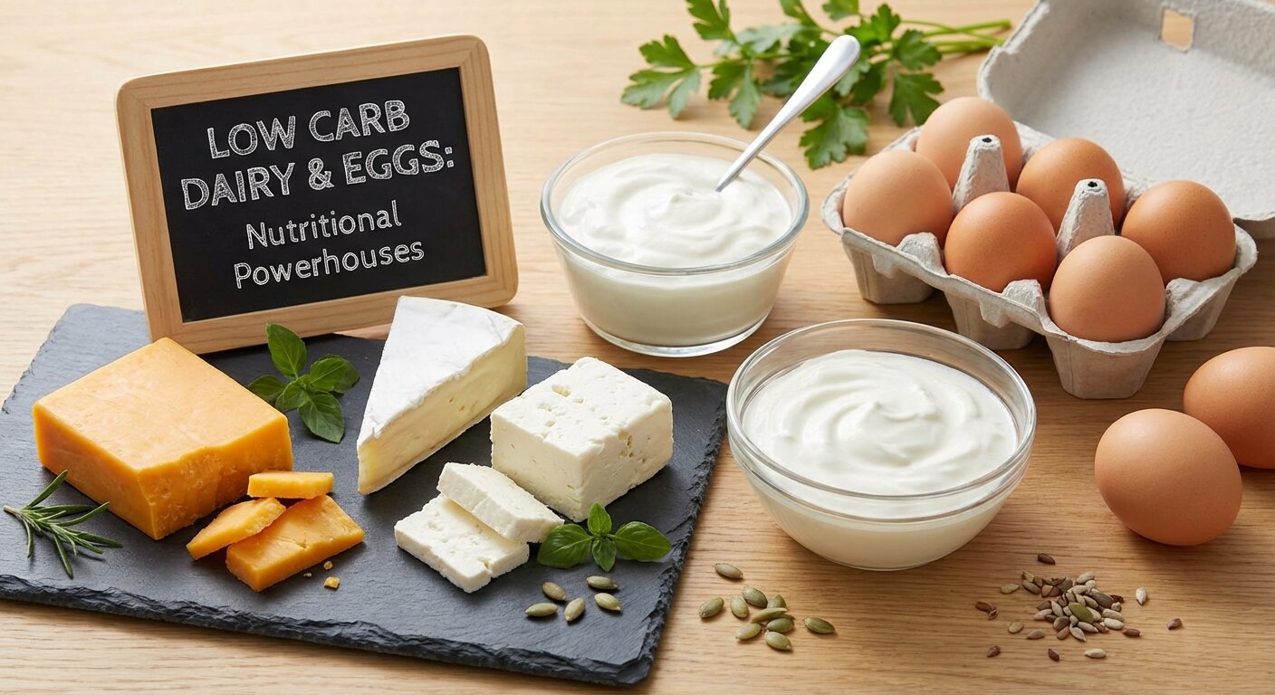 Low carb dairy including cheese varieties, Greek yogurt, and eggs