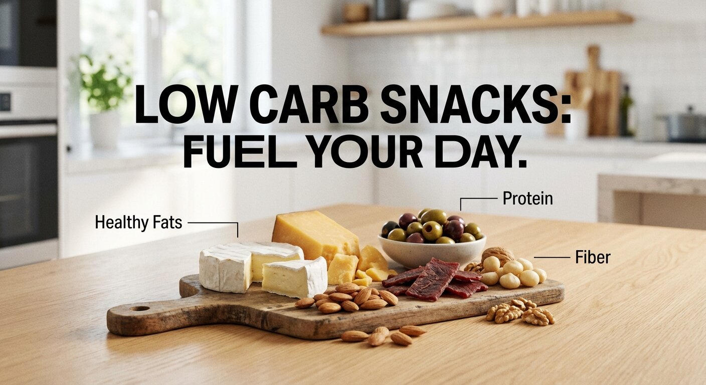 Low carb snacks including cheese, olives, nuts, and beef jerky