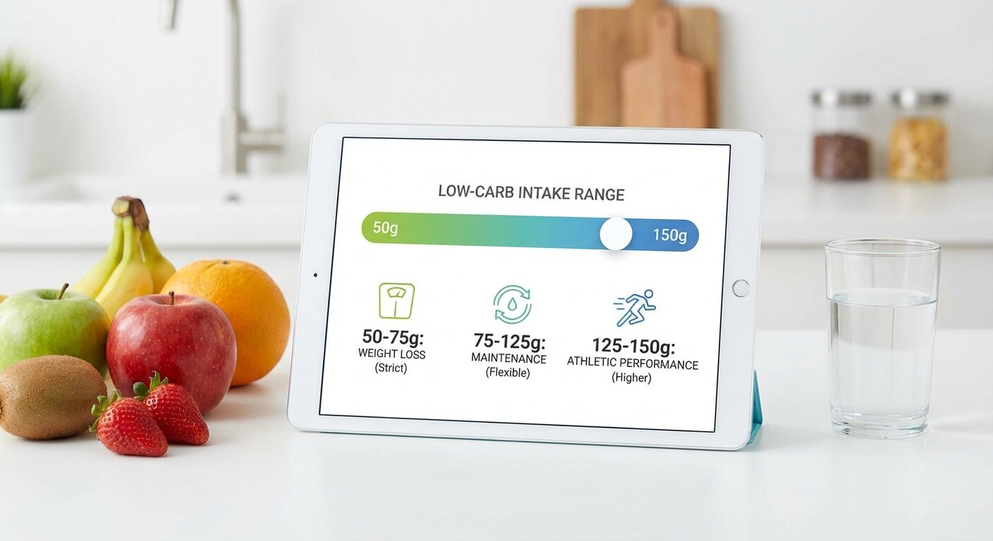 A slider graphic showing the range of low-carb intake from 50g to 150g, with different goals listed below