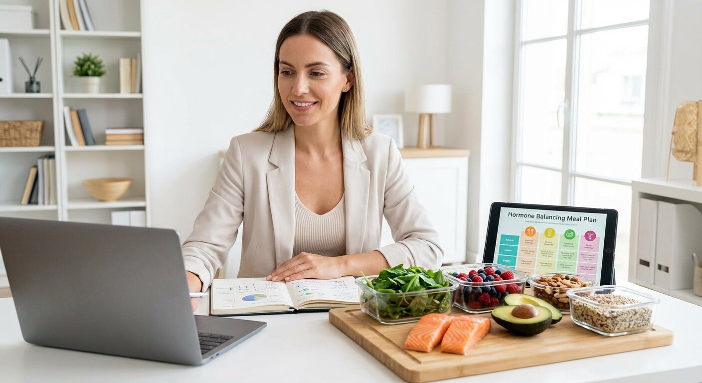 Woman planning meals with macro-friendly foods for female hormone balance
