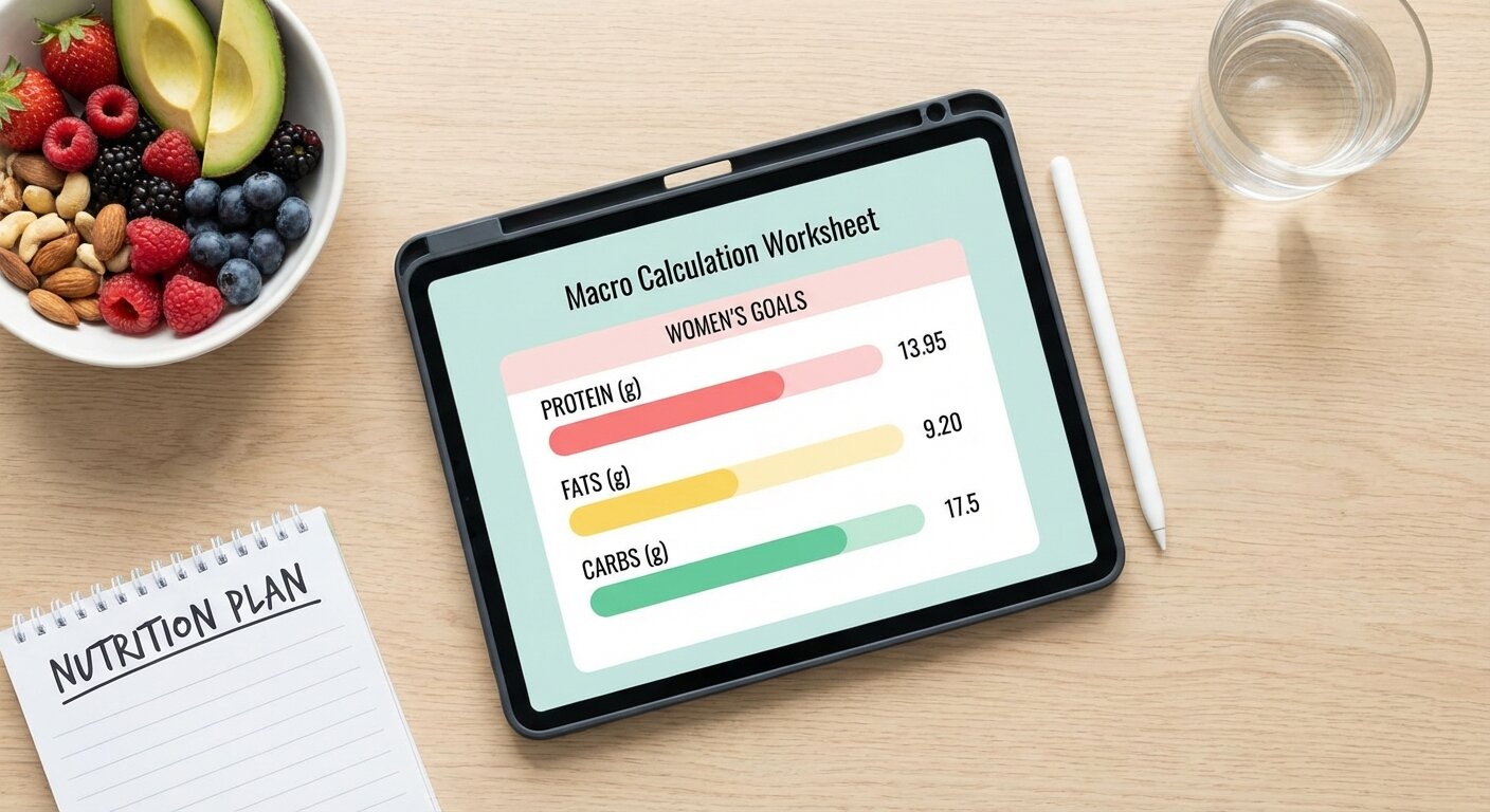 Macro calculation worksheet showing protein, fats, and carbs for women's goals
