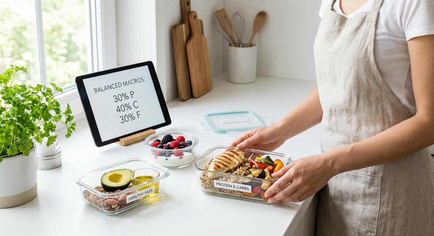 Woman meal prepping balanced macros with adequate protein, carbs, and fats