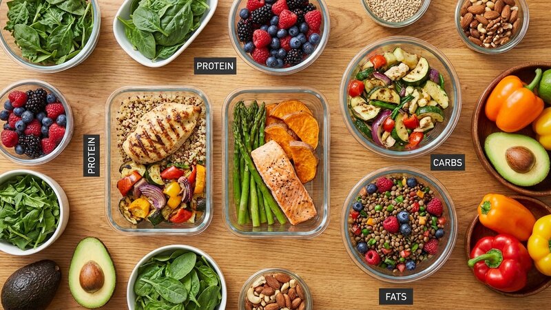 Colorful array of healthy macro-friendly meals and ingredients