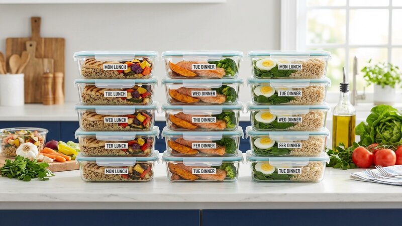 Organized meal prep containers with balanced proteins, carbs, and vegetables