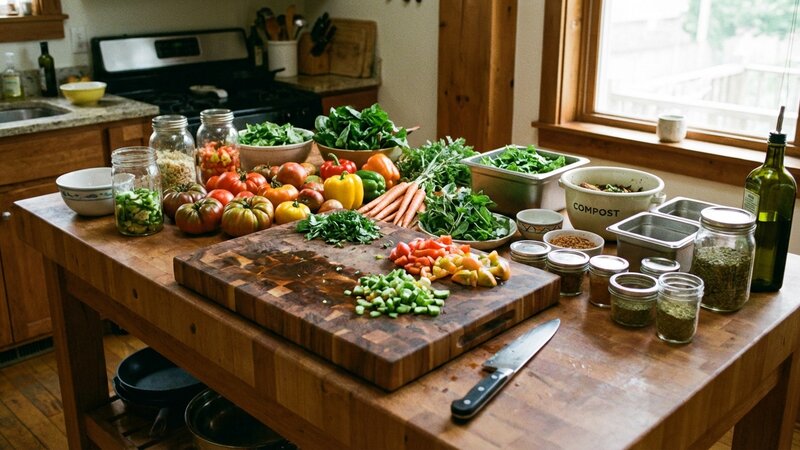 Kitchen prep station with cutting board, fresh vegetables, and containers