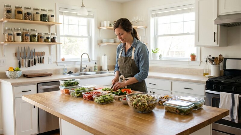 Person preparing healthy meals in an organized kitchen