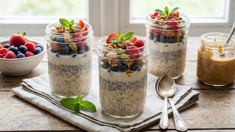 Healthy overnight oats with berries and nuts in glass jars