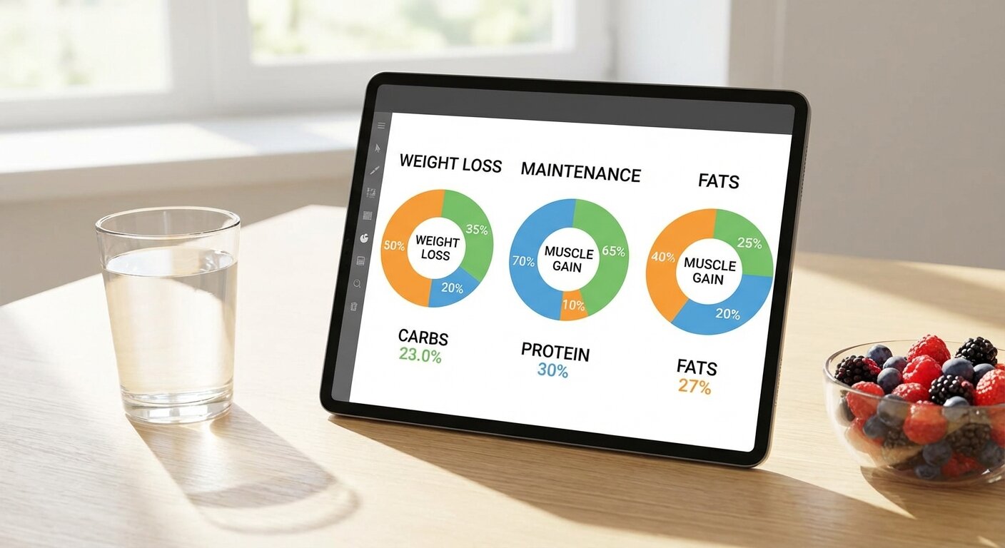 Comparison charts showing different macro ratio pie charts for various fitness goals